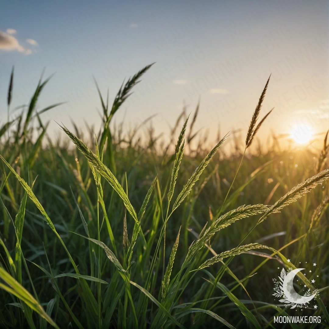 Крупный план травы на поле с размытым фоном боке неба и мягкими бликами света.