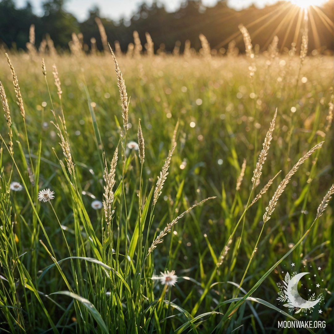 Крупный план травы с размытыми цветами на заднем плане и световыми бликами.
