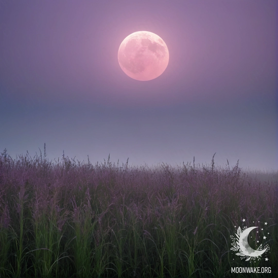 Крупный план красивого поля травы на фоне розово-фиолетового неба и луны.