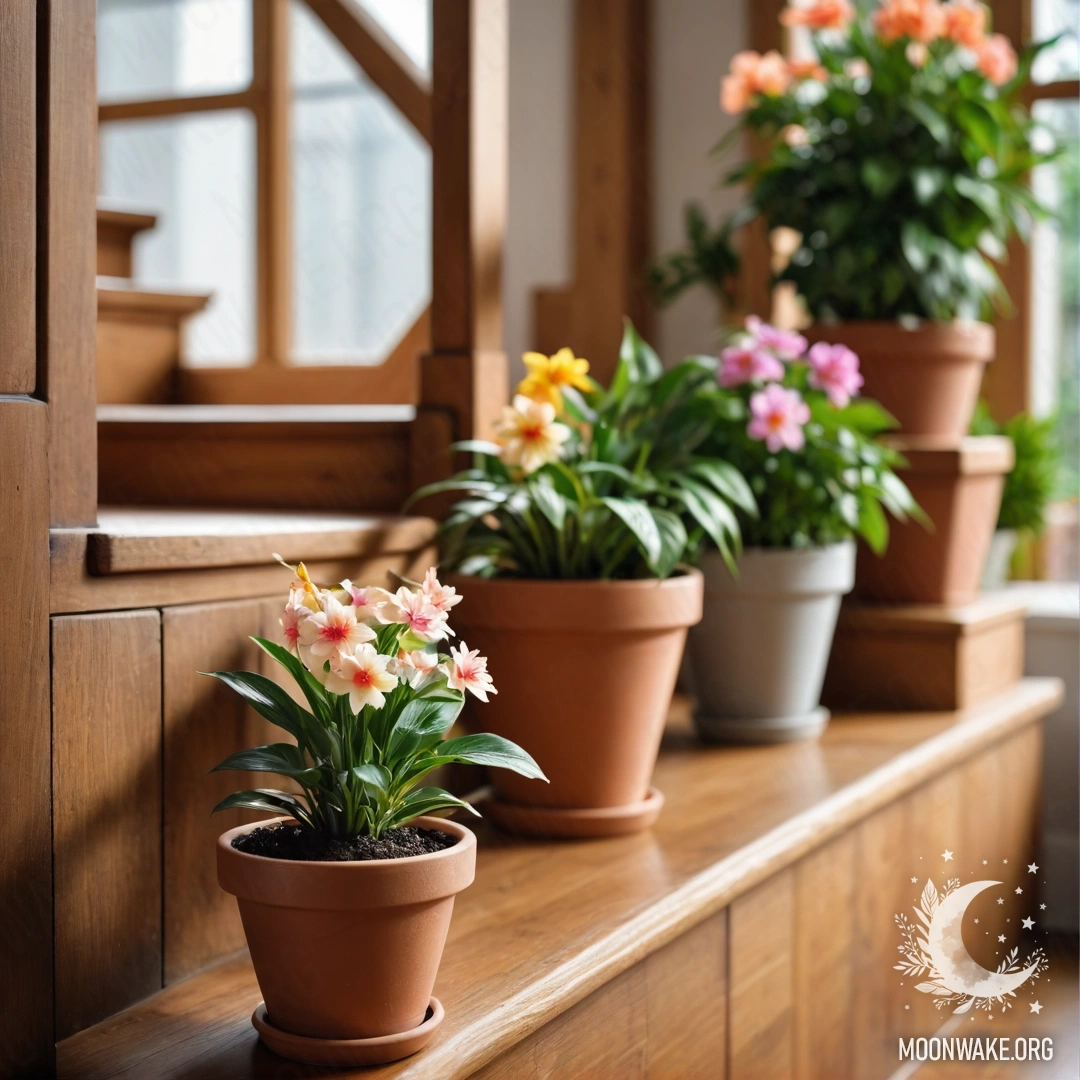 Деревянная лестница, украшенная цветочными горшками с яркими цветами.