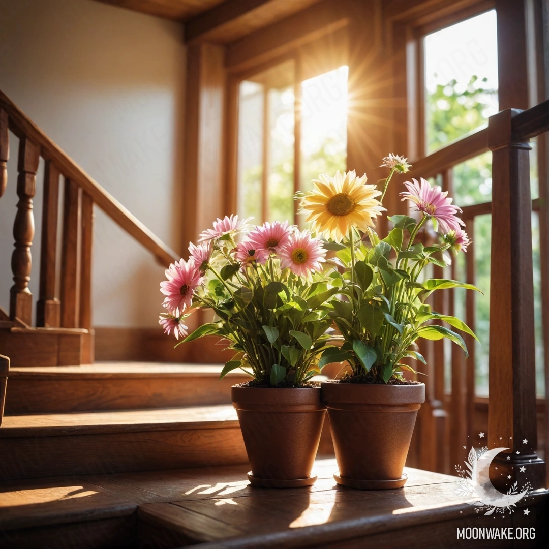 Красивые деревянные ступени, украшенные цветочными горшками, освещенные солнечными лучами.