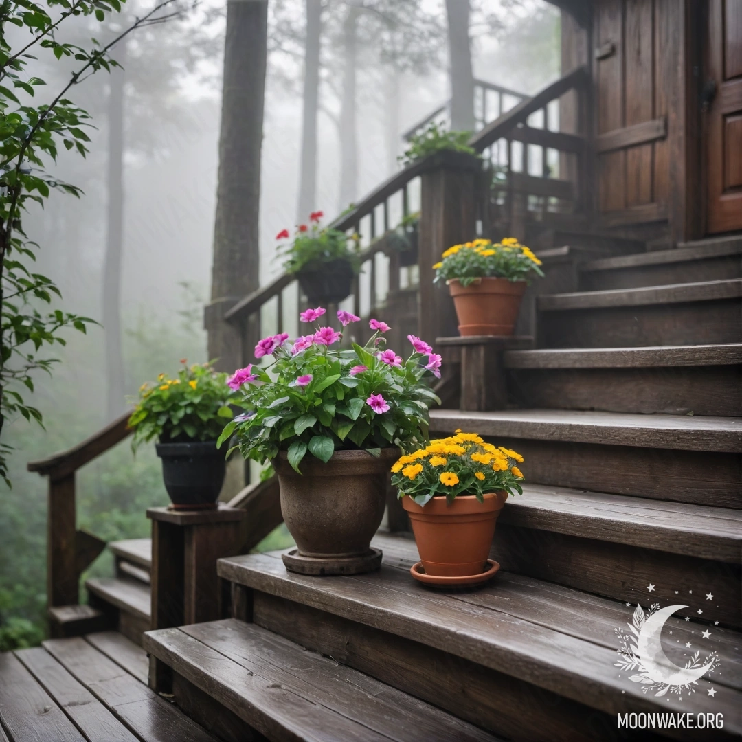 Красивые цветочные горшки, расположенные на деревянной лестнице, окутанной густым туманом.