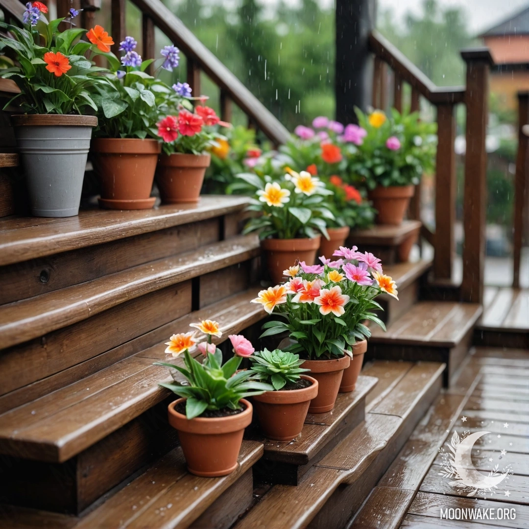 Деревянная лестница, украшенная цветочными горшками, промокшая под дождем.