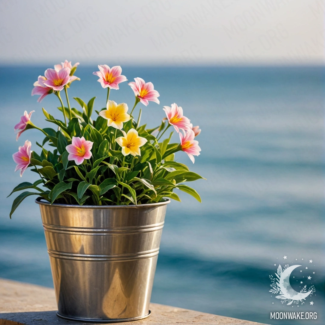 Металлический цветочный горшок в форме маленького ведра с красивыми цветами на фоне размытого моря.