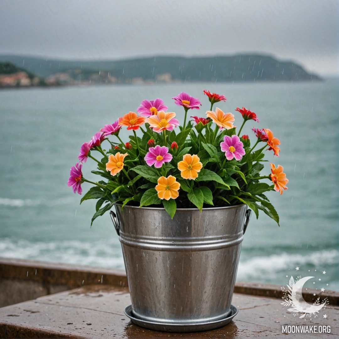 Небольшой металлический цветочный горшок в форме ведра с красивыми цветами на фоне морского боке под дождём.