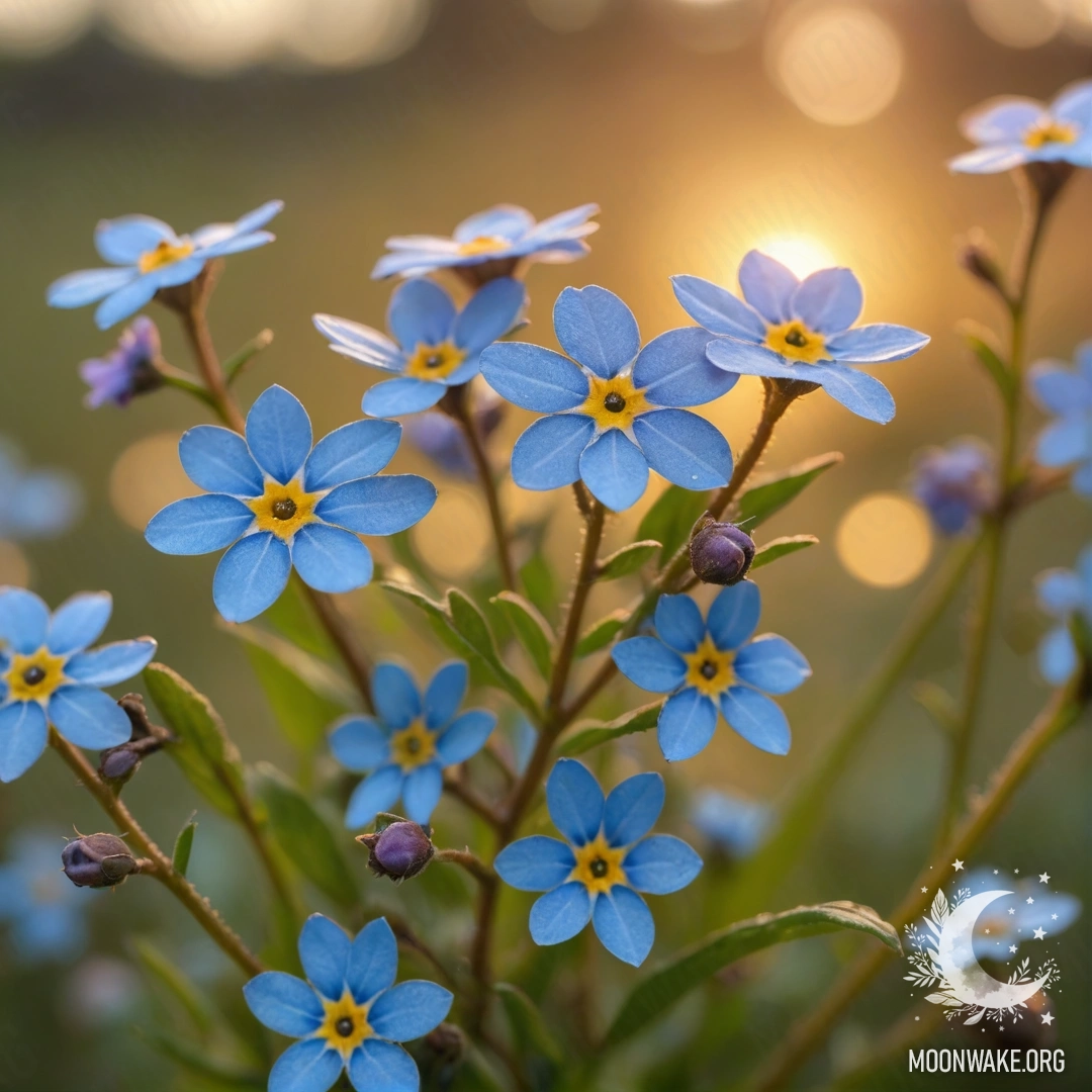 Живописная сцена с незабудками оливкового цвета, украшенными пайетками, на закате.