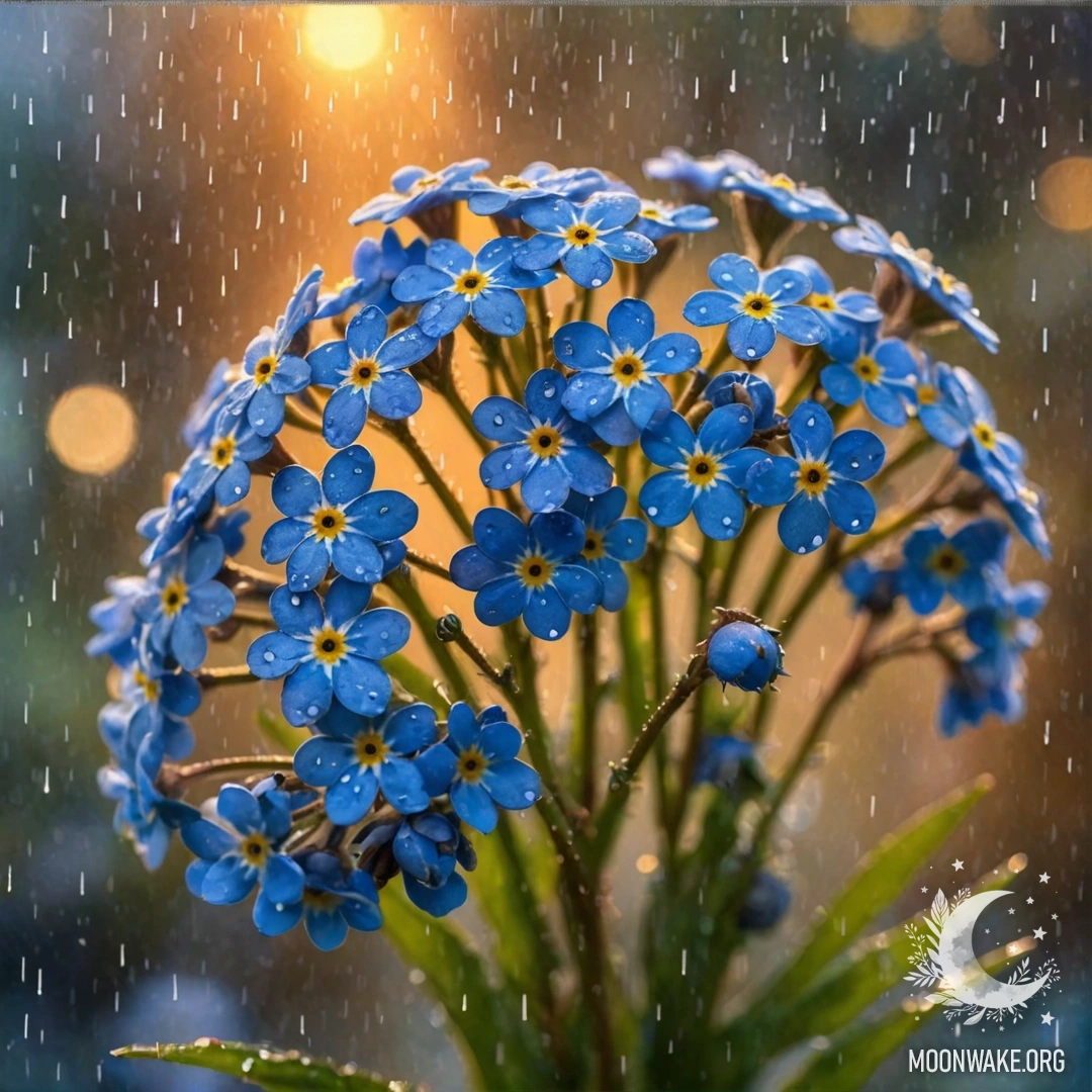 Букет голубых незабудок, промокших под дождем на закате.