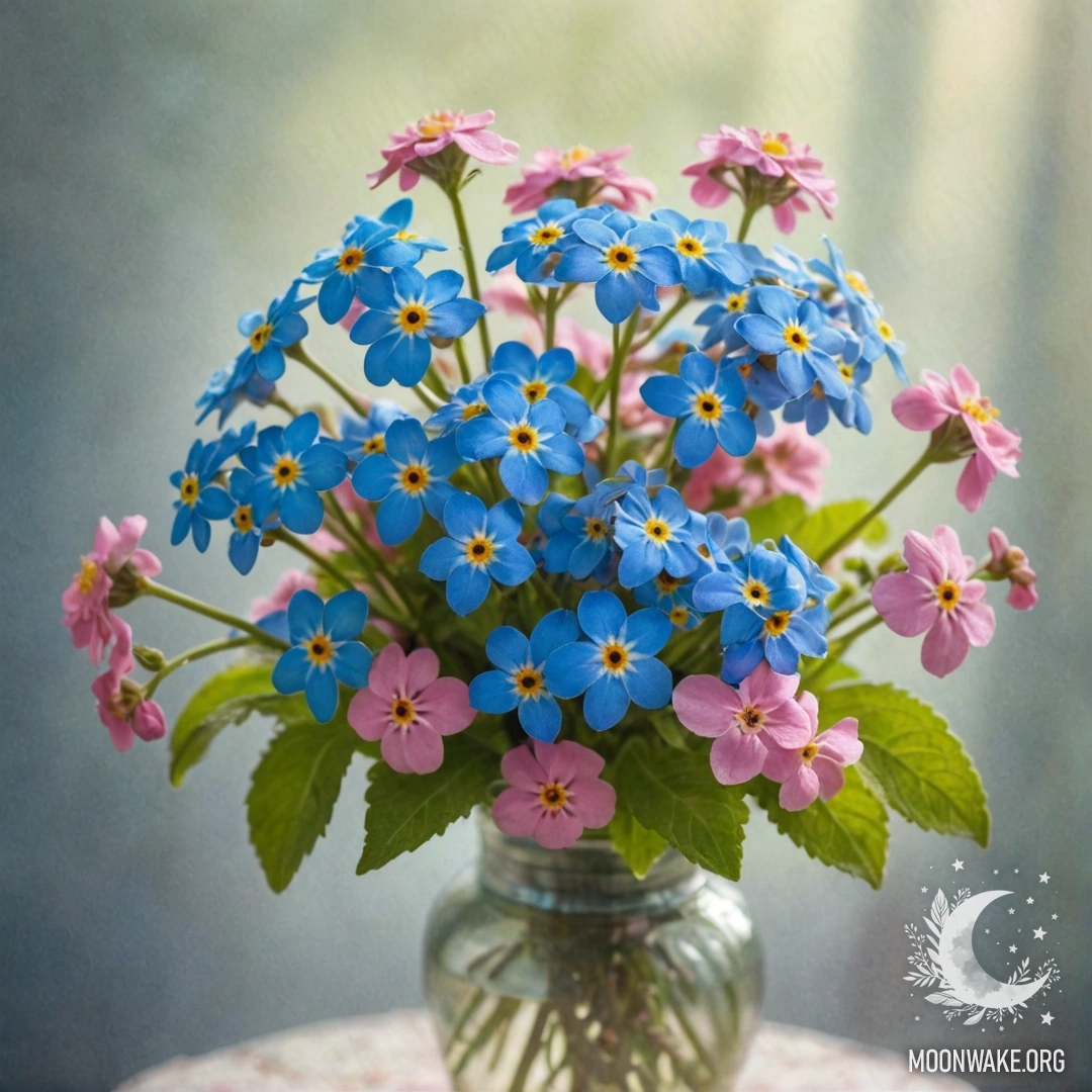 Ваза с нежными розовыми незабудками, окутанными туманом и освещёнными солнечными лучами.