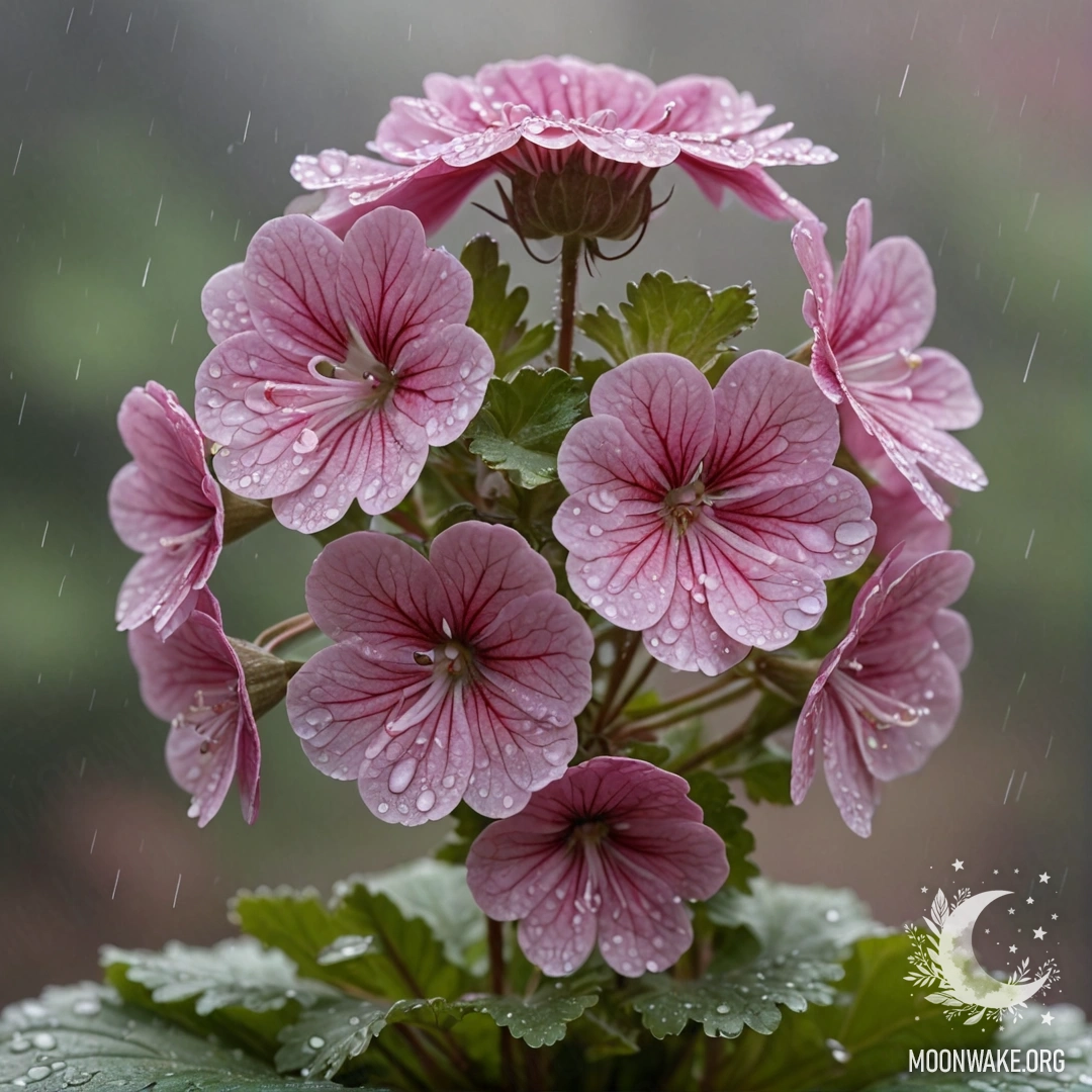 Букет гераней кофеевого цвета в окружении тумана и капель дождя.