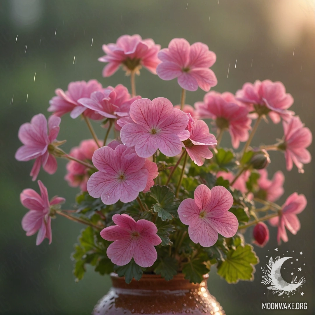 Розовая герань в вазе, окутанная туманом и дождем на закате.