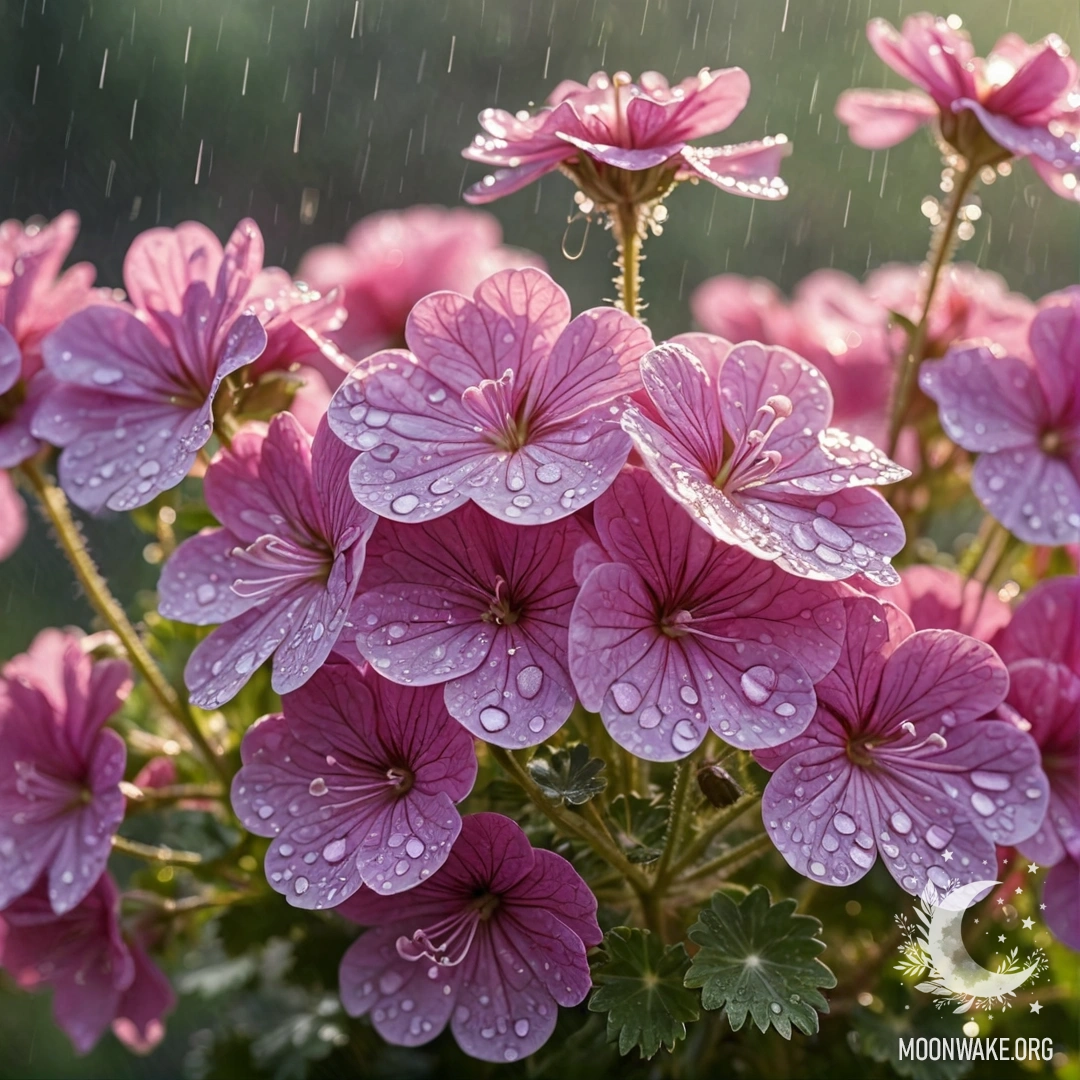 Лаванда герань, промокшая под дождем, освещенная солнечными лучами и сверкающая от блесток.