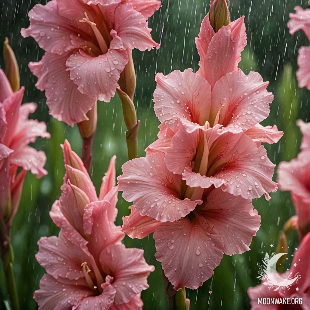 Красивый розовый гладиолус, цветущий под дождем на закате.