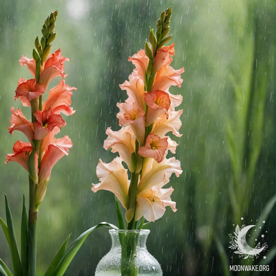 Ваза с зеленым гладиолусом, капли дождя и солнечные лучи.