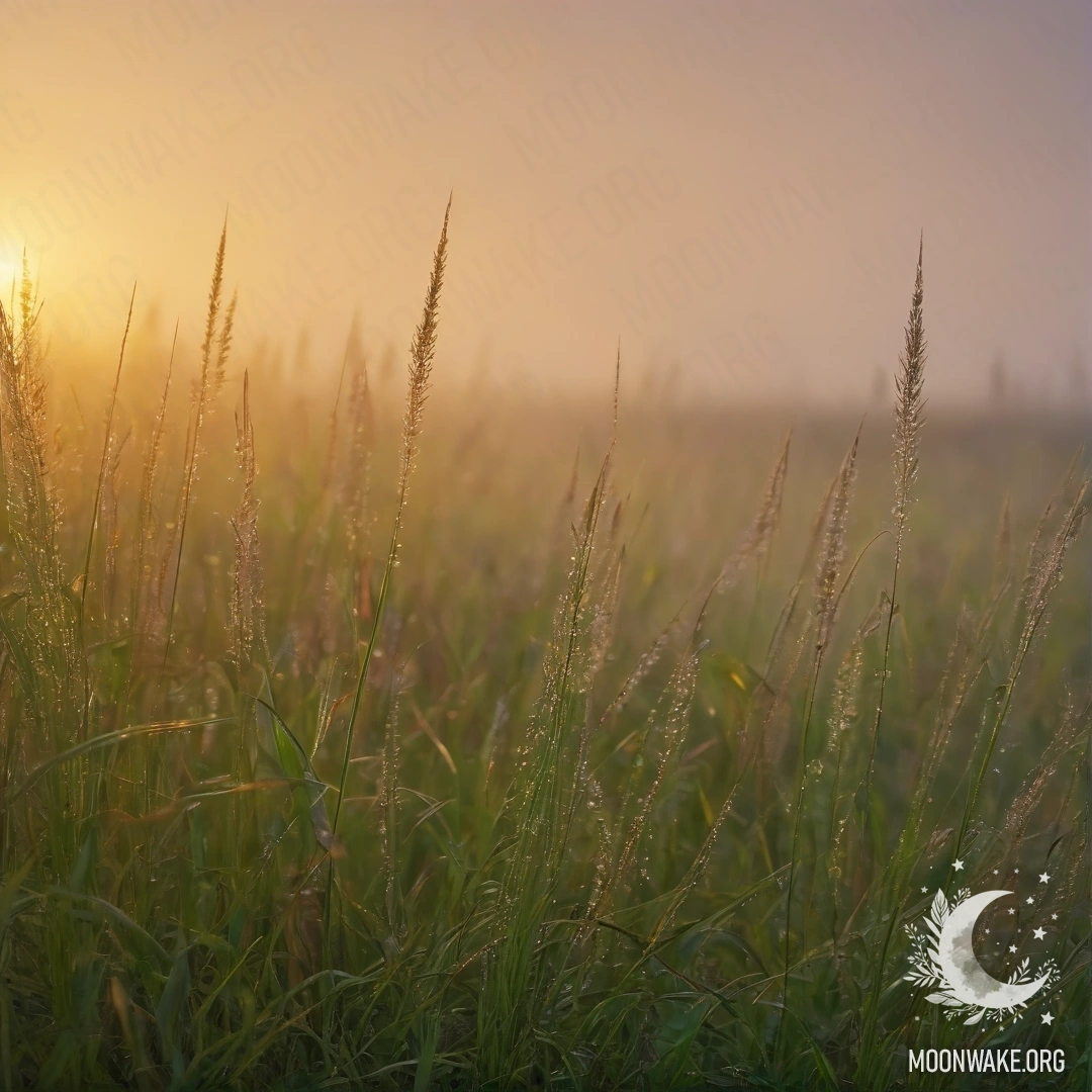 Крупный план красивой травы на фоне туманного поля на закате.