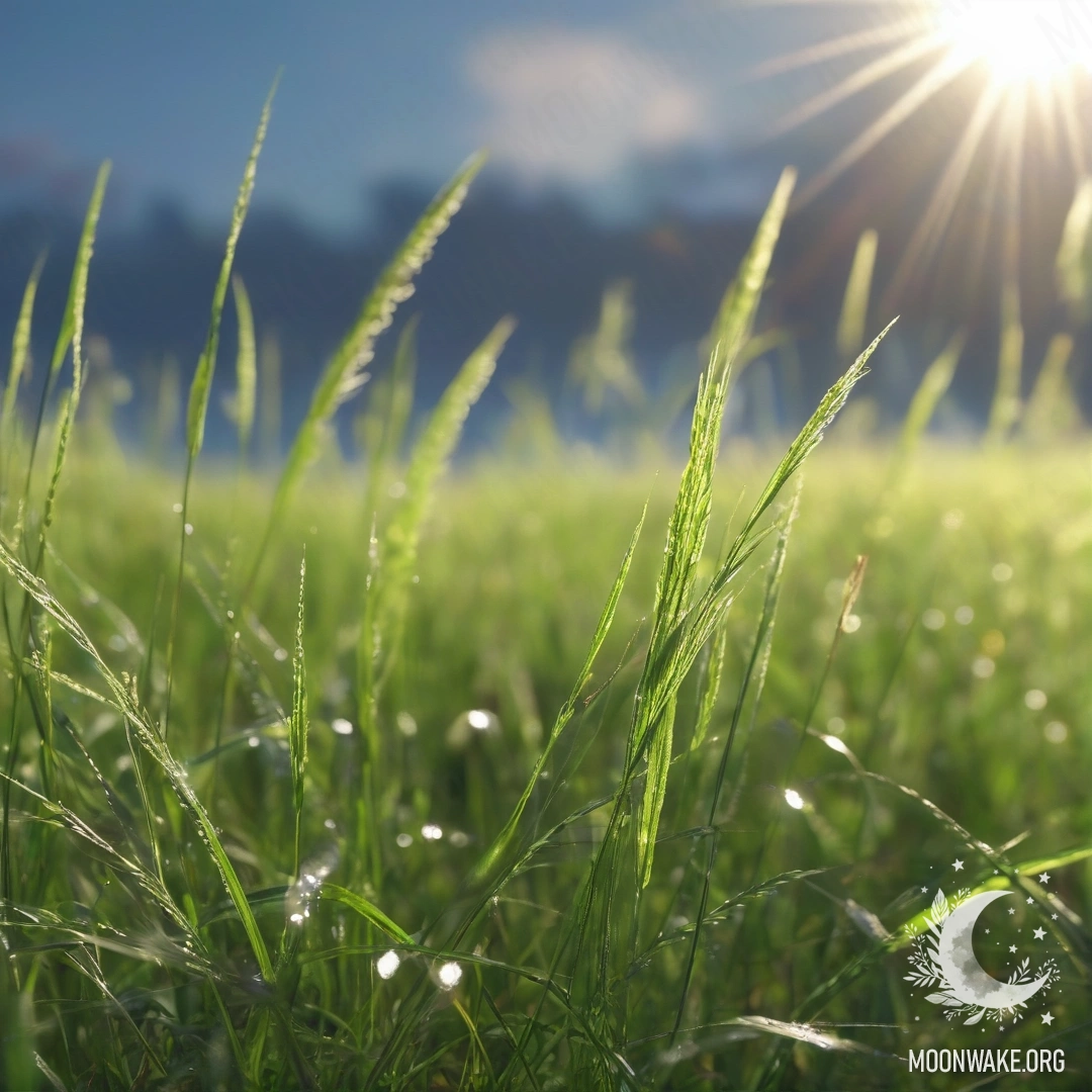 Крупный план яркой зелёной травы на фоне боке неба с бликами света.