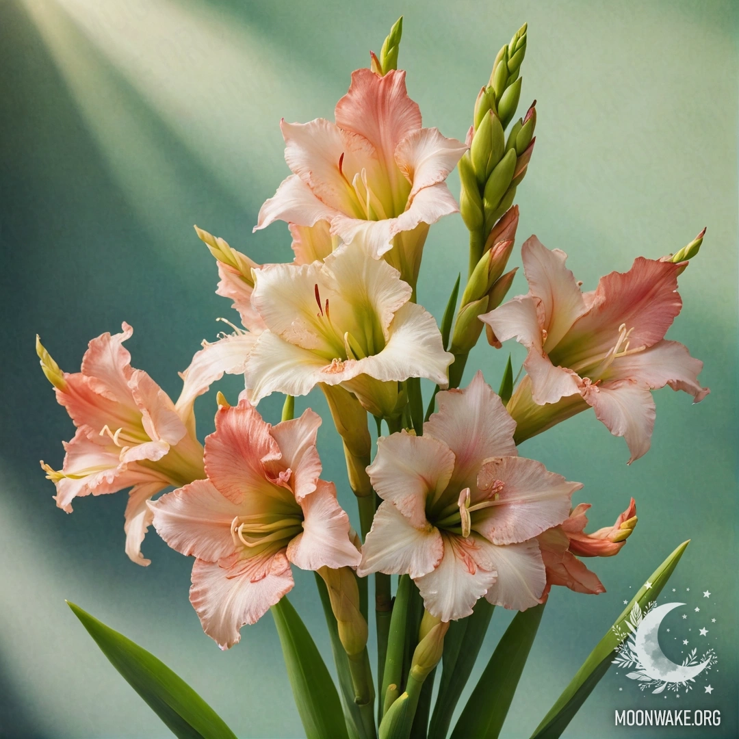 Букет зеленых гладиолусов, освещенных солнечным светом.