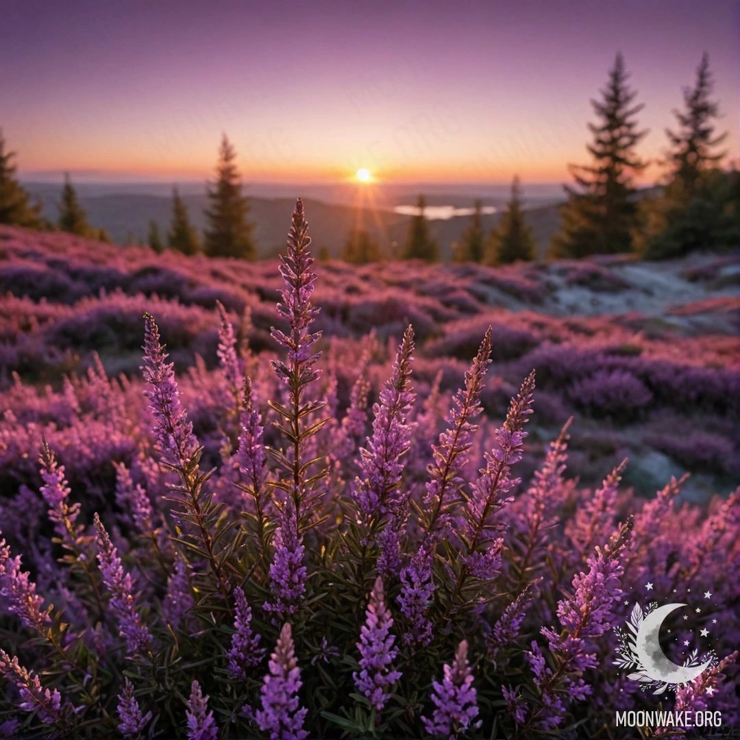 Великолепный пейзаж с фиолетовой вереской, сверкающей на закате.