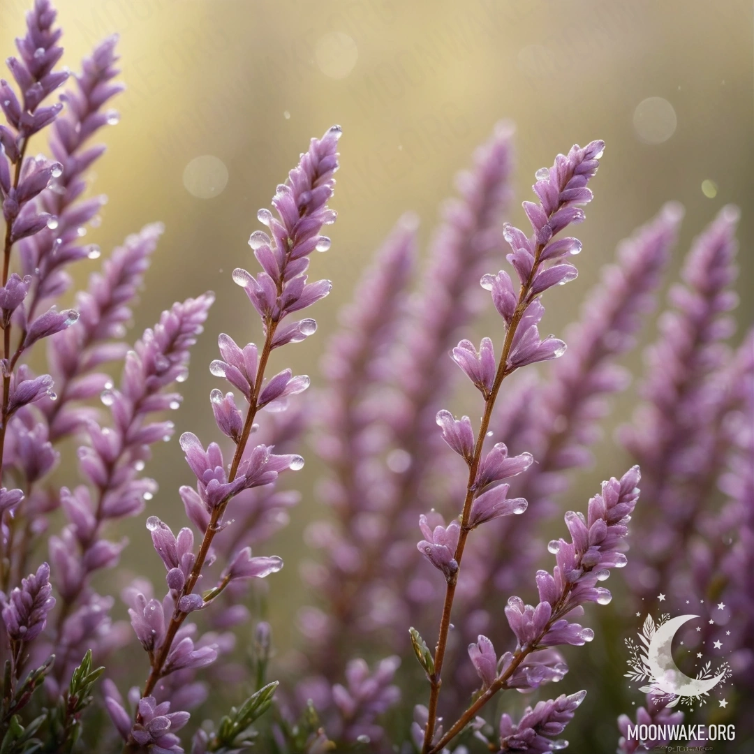 Прекрасный вереск с мерцающими каплями росы в цветах кремово-жёлтого оттенка.