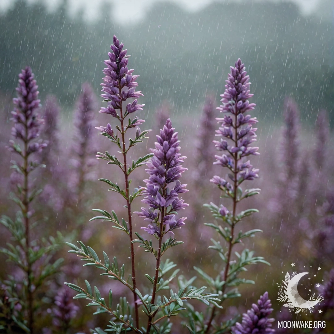 Вереск, окутанный туманом, сверкающий под дождем в голубых тонах.
