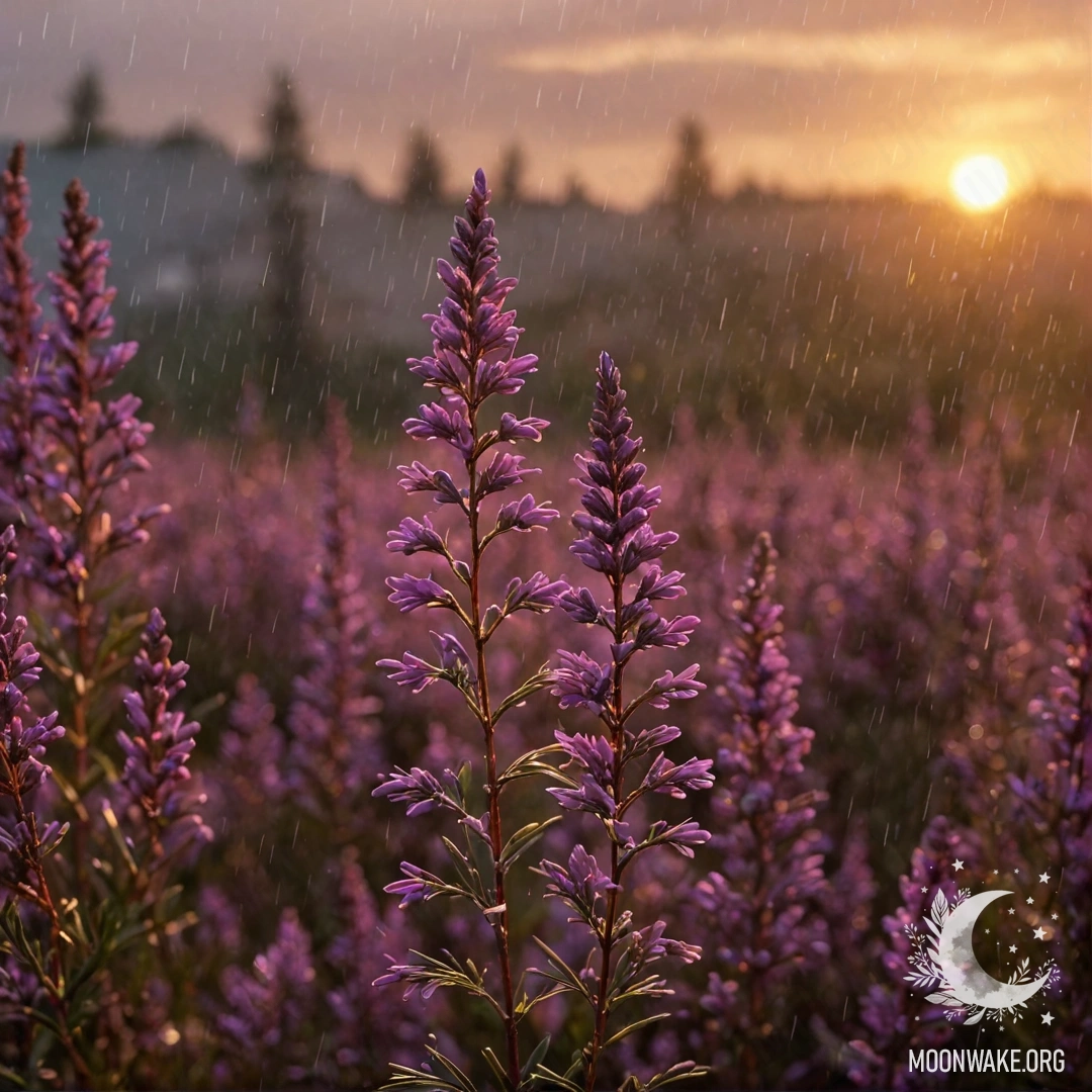Вереск, цветущий под дождем на фоне золотого заката.