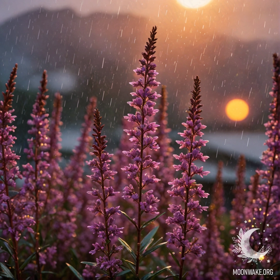 Сцена с ярким красным вереском под падающим дождем на закате.