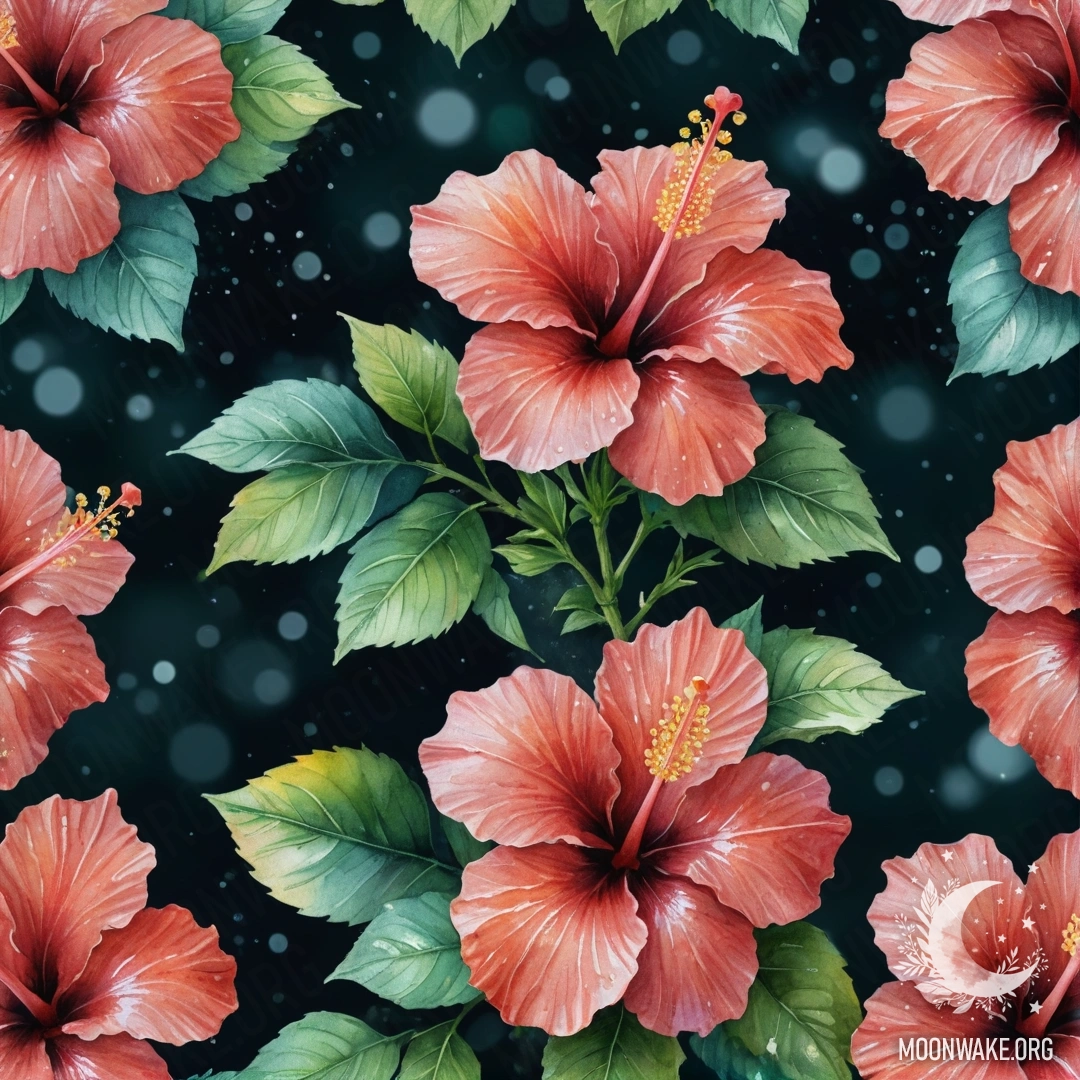 Красивый цветок гибискуса, светящийся ночью, украшенный мятными пайетками.