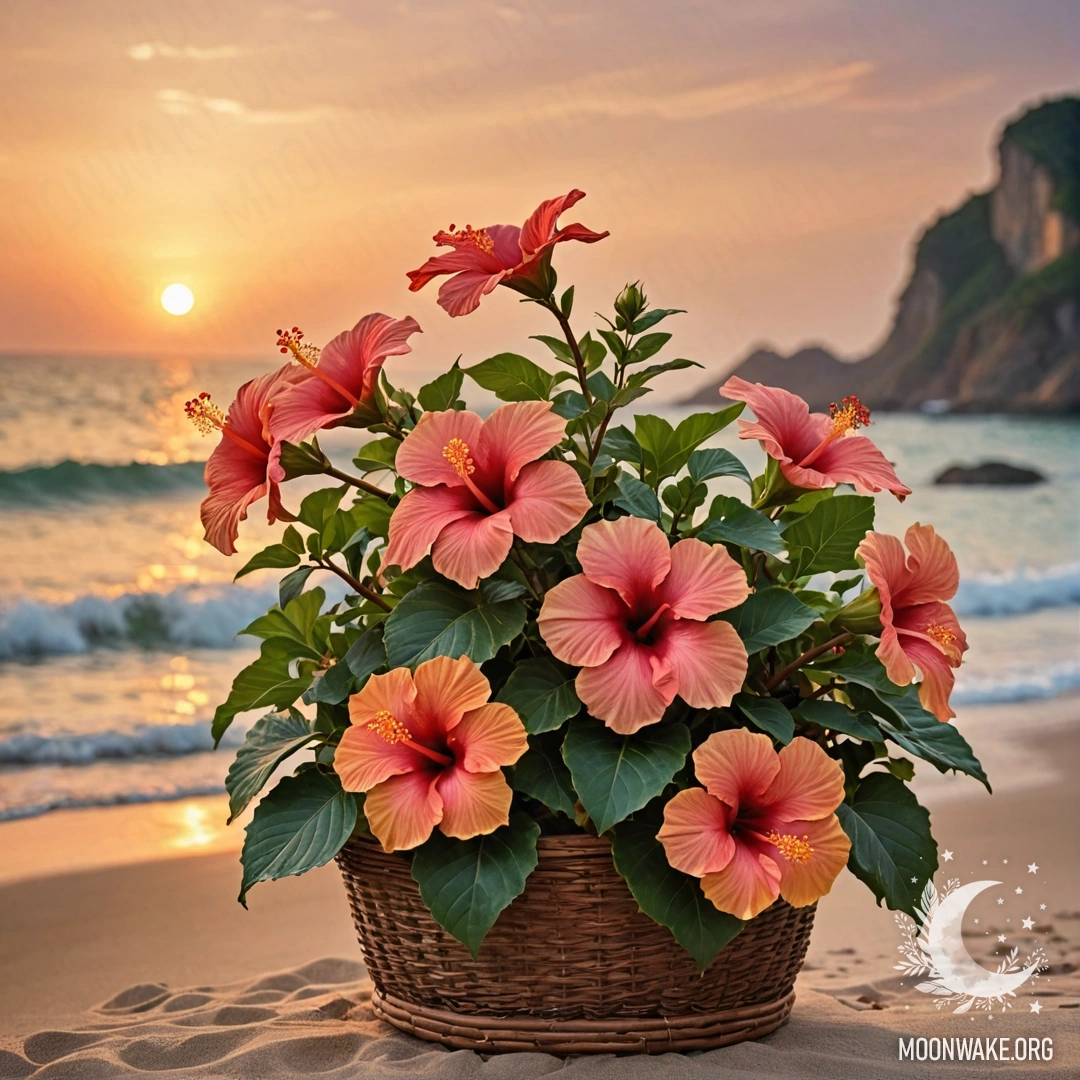 Нежный цветок гибискуса в корзине, освещённый тёплыми цветами заката.