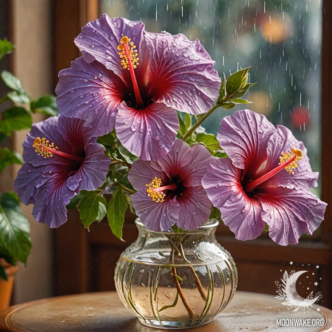 Лавандовый цветок гибискуса в вазе под дождем и солнечными лучами