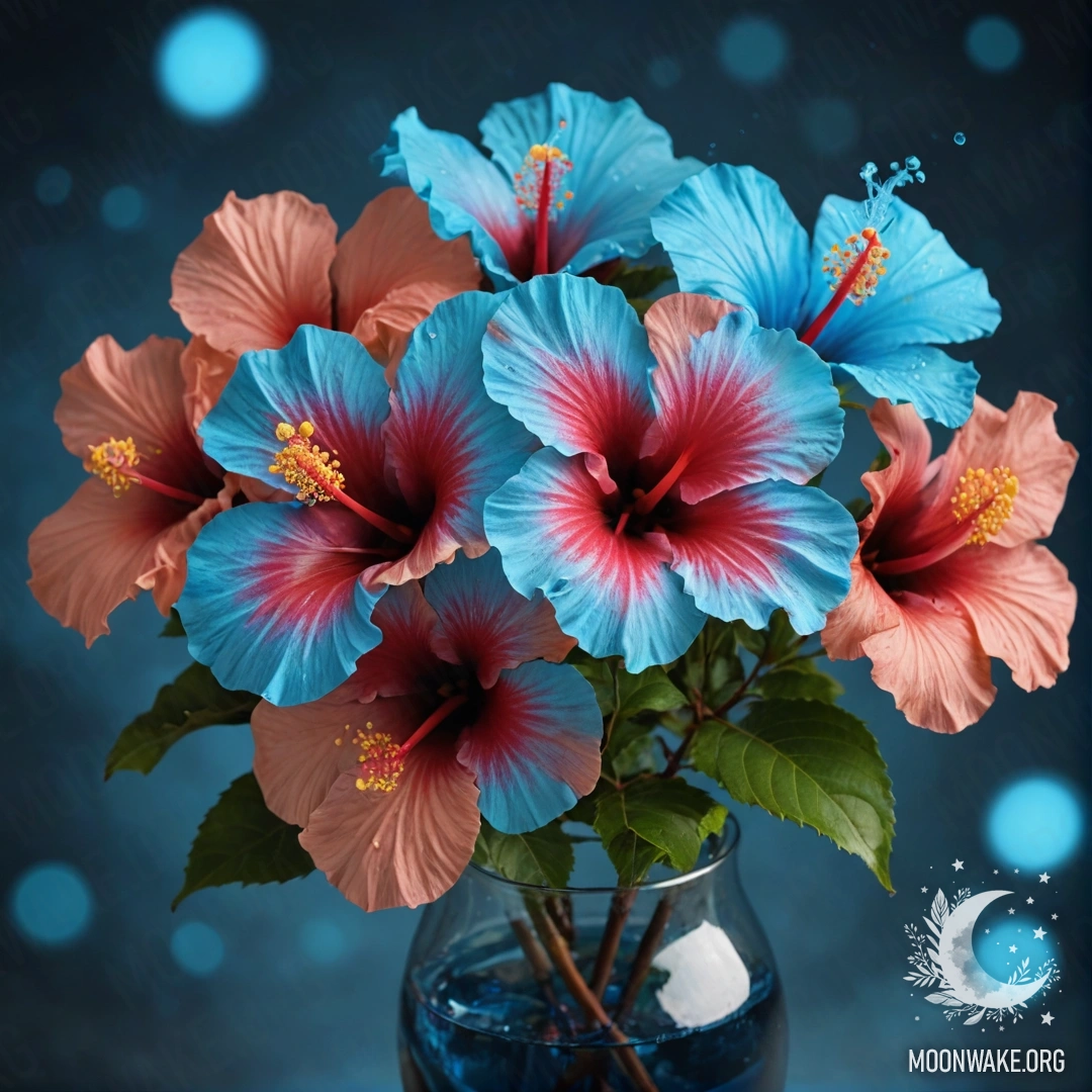 Красивый цветок гибискуса в вазе небесно-голубого цвета, освещенный ночью.