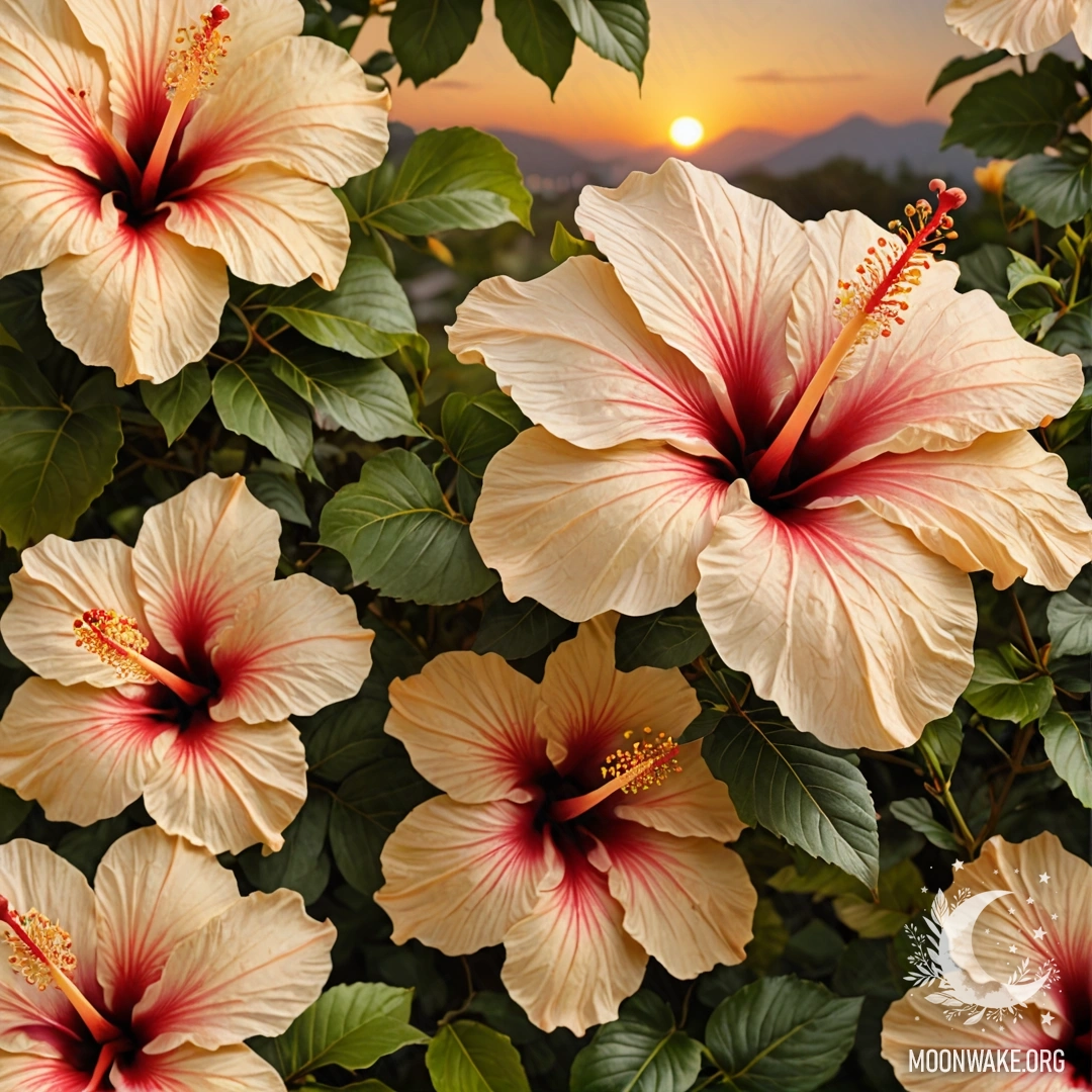 Потрясающий гибискус кремового желтого цвета с изысканными узорами на закате.