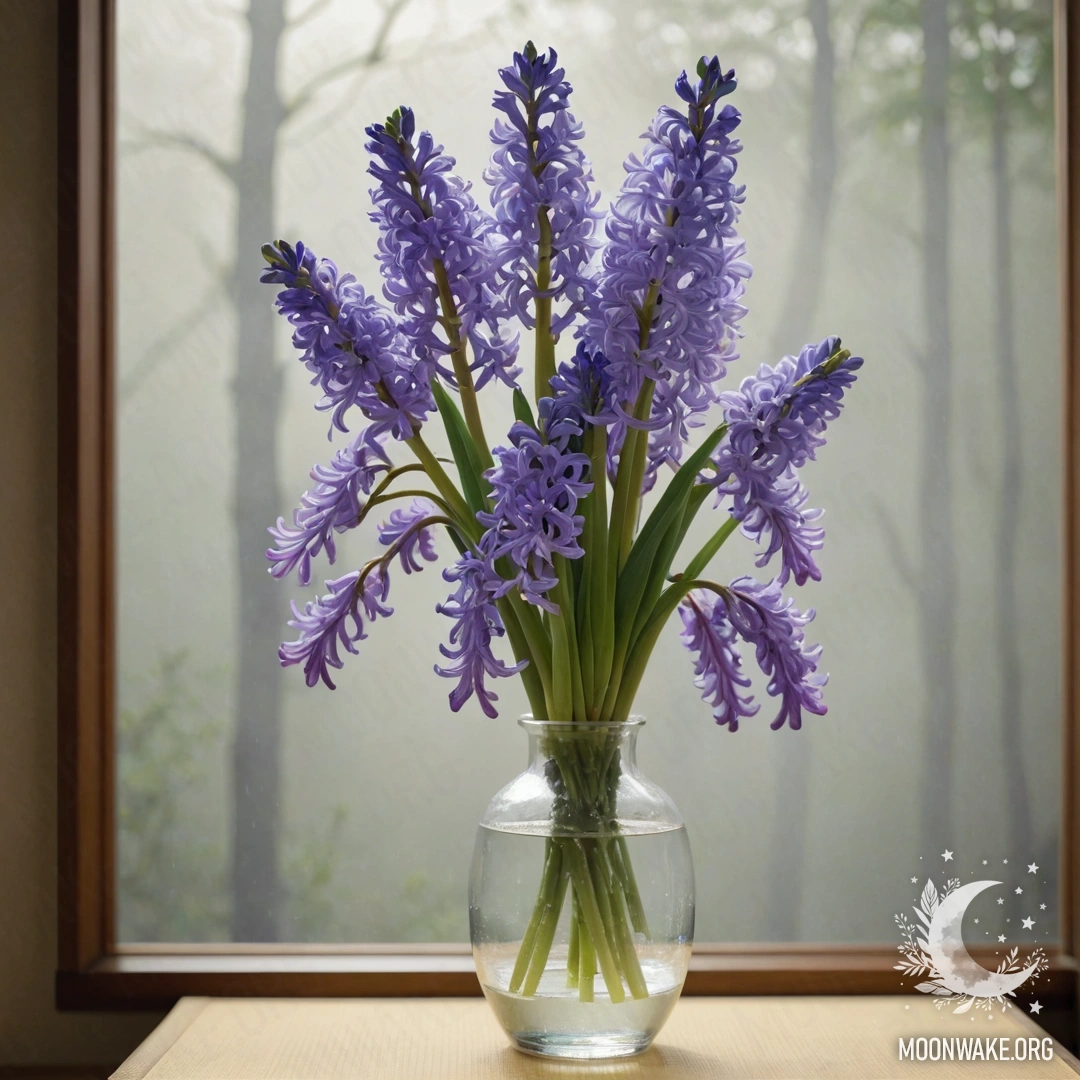 Красивая гиацинт в вазе, окруженный туманом с солнечными лучами, пробивающимися сквозь него.