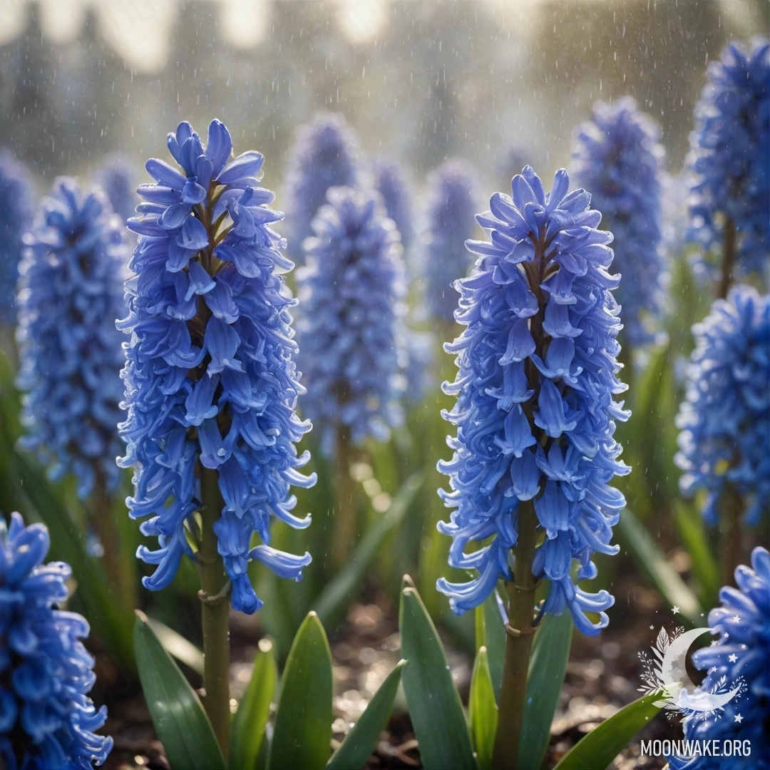 Гиацинт небесно-голубого цвета цветет в дождевом тумане, освещенный солнечными лучами.