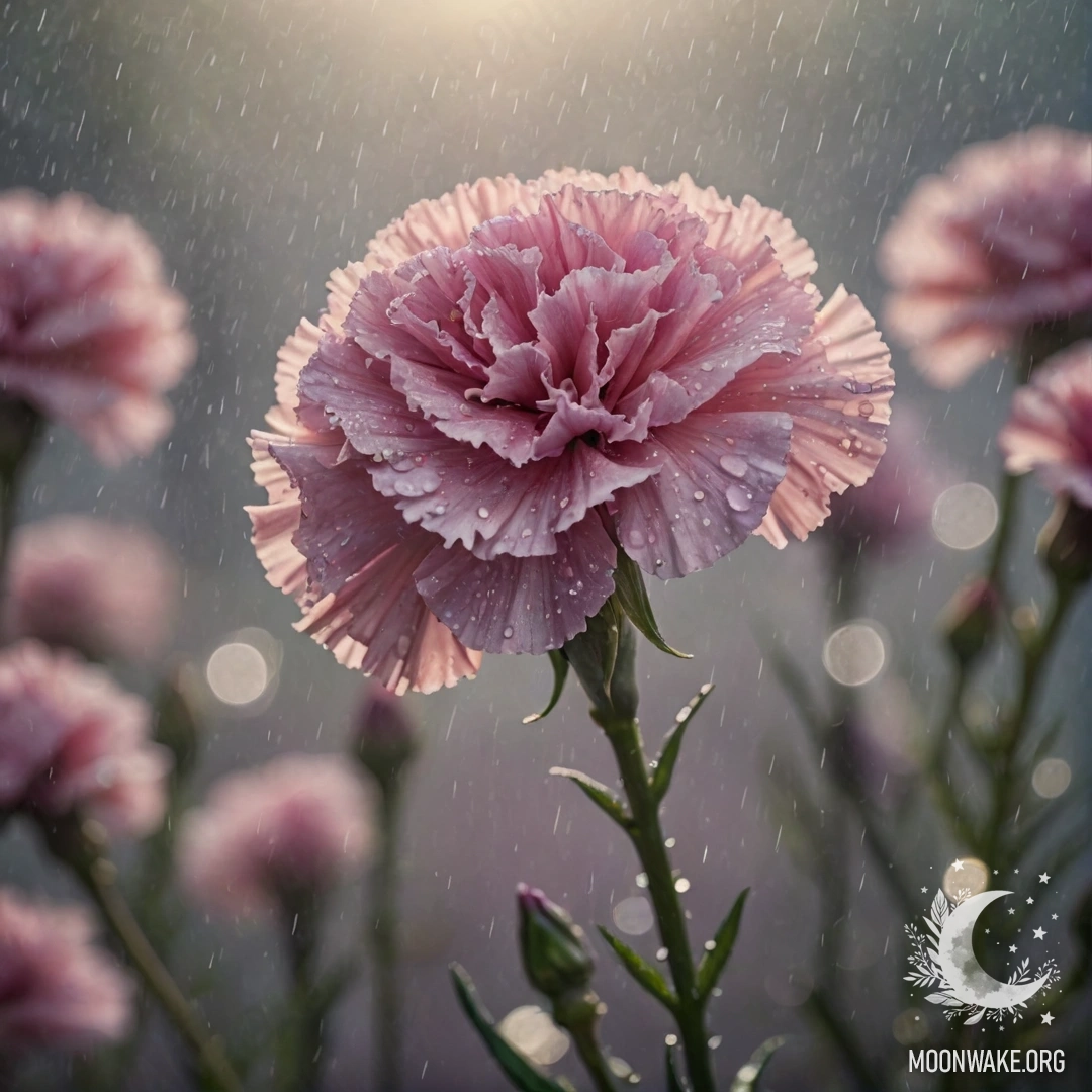 Красивый лавандовый гвоздик, окутанный дождем и туманом, освещенный солнечными лучами.