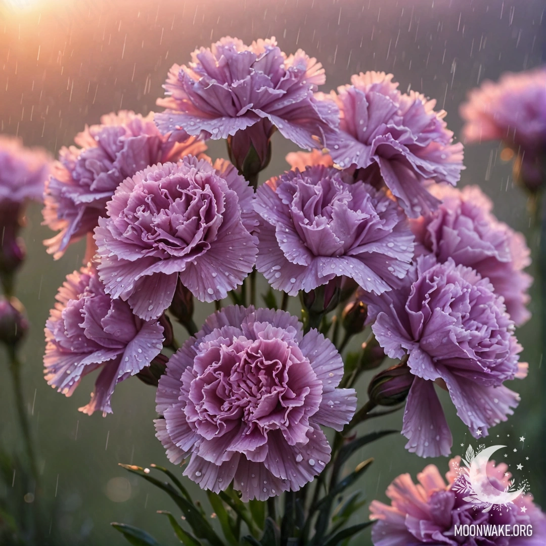 Букет лавандовых гвоздик среди тумана и капель дождя на закате.