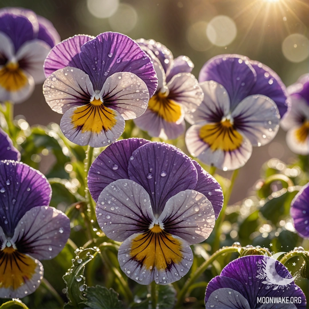 Группа лавандовых фиалок, украшенных каплями росы, купающихся в солнечном свете.