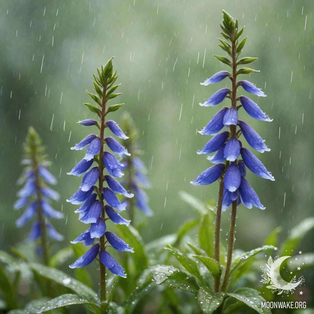 Нежная акварельная работа с цветами лобелии под дождем, лаймового цвета.