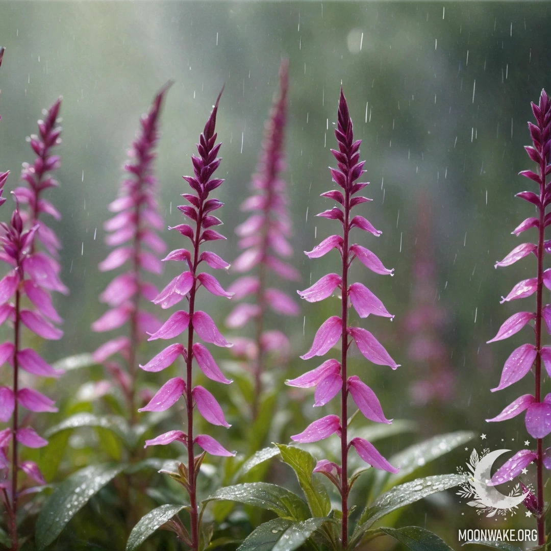 Яркий цветок лобелии фуксиевого цвета, окруженный туманом и дождем, освещенный солнечными лучами и блестками.