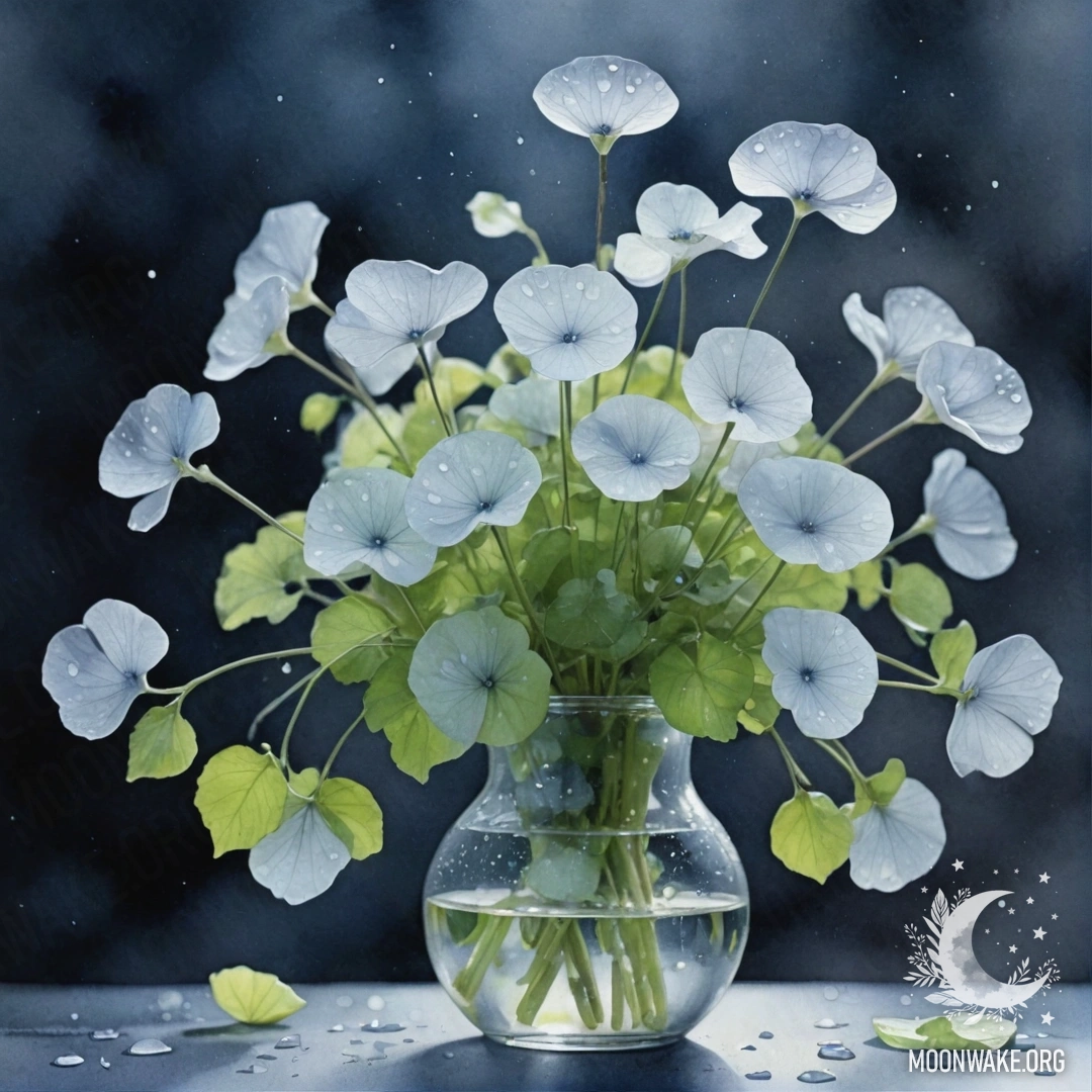 Ваза с цветами лунарии светло-зеленого цвета в тумане под дождем ночью.