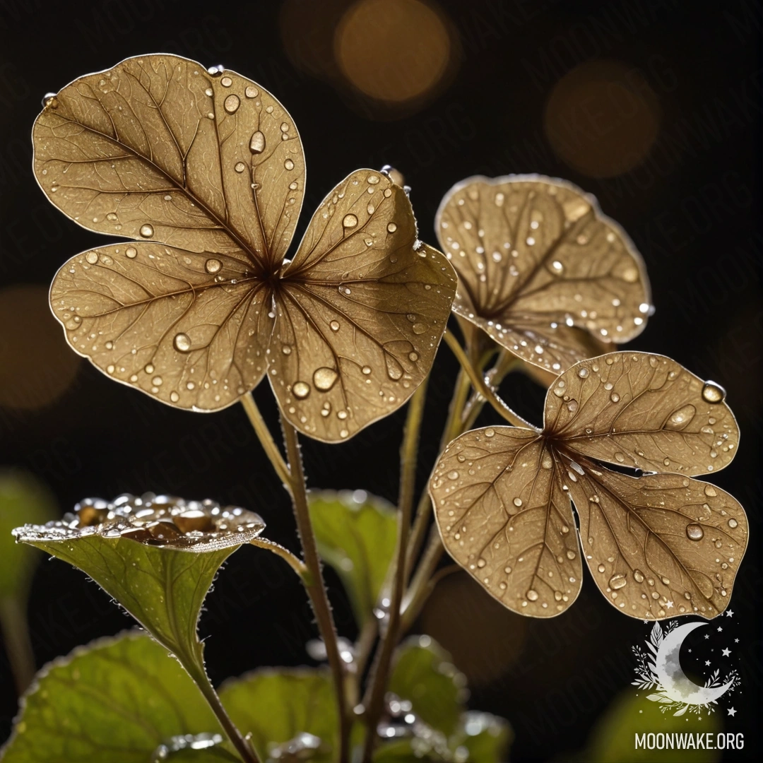 Красивый лунарий, украшенный росинками в ночное время.