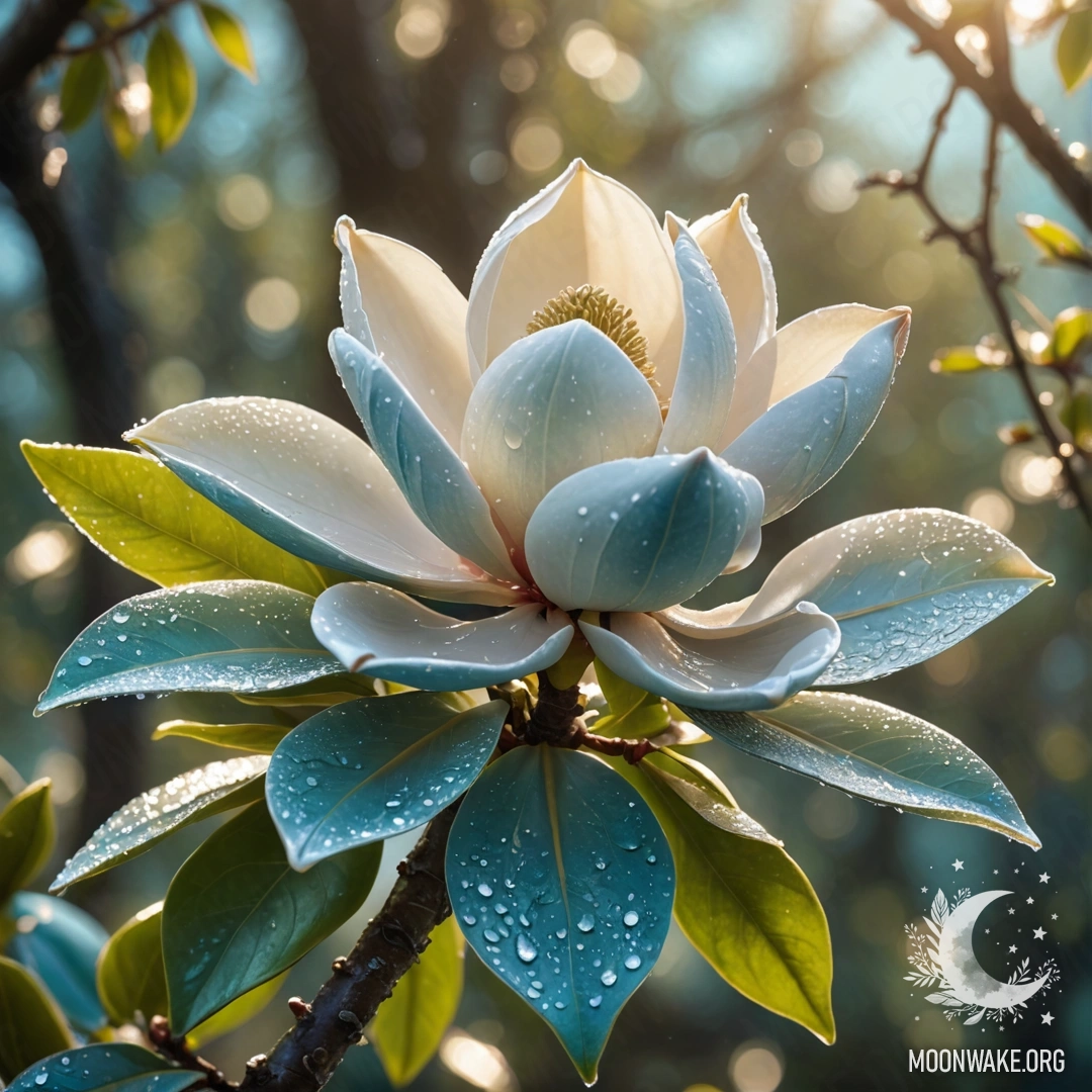 Красивая магнолия, украшенная росой, сверкающая под солнечными лучами.
