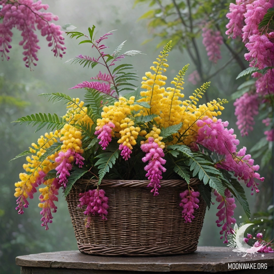 Яркая фуксиевая мимоза в туманной обстановке, уютно устроившаяся в корзине.