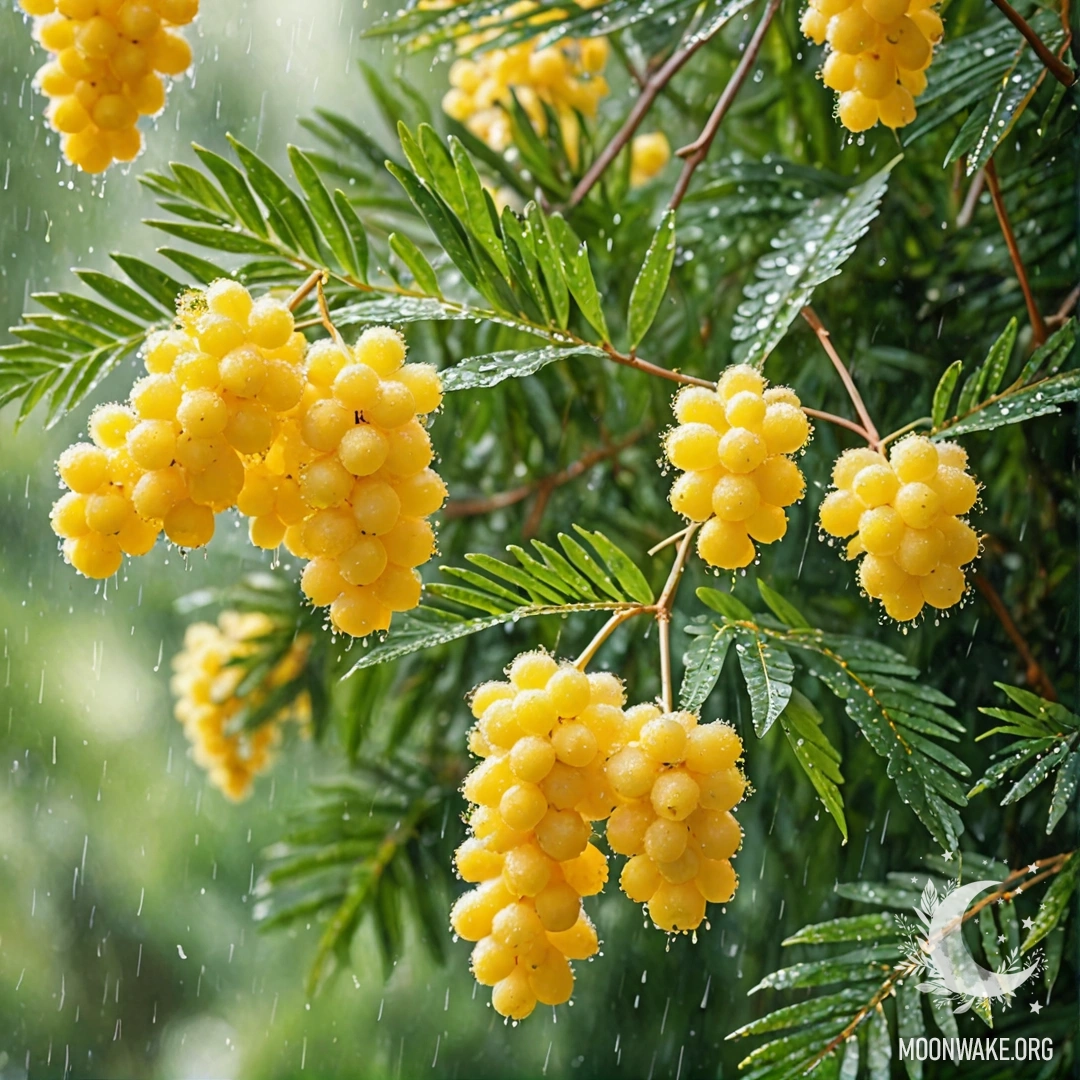 Акварельная картина с изображением красивого мимозы под дождем, освещенной солнечными лучами.