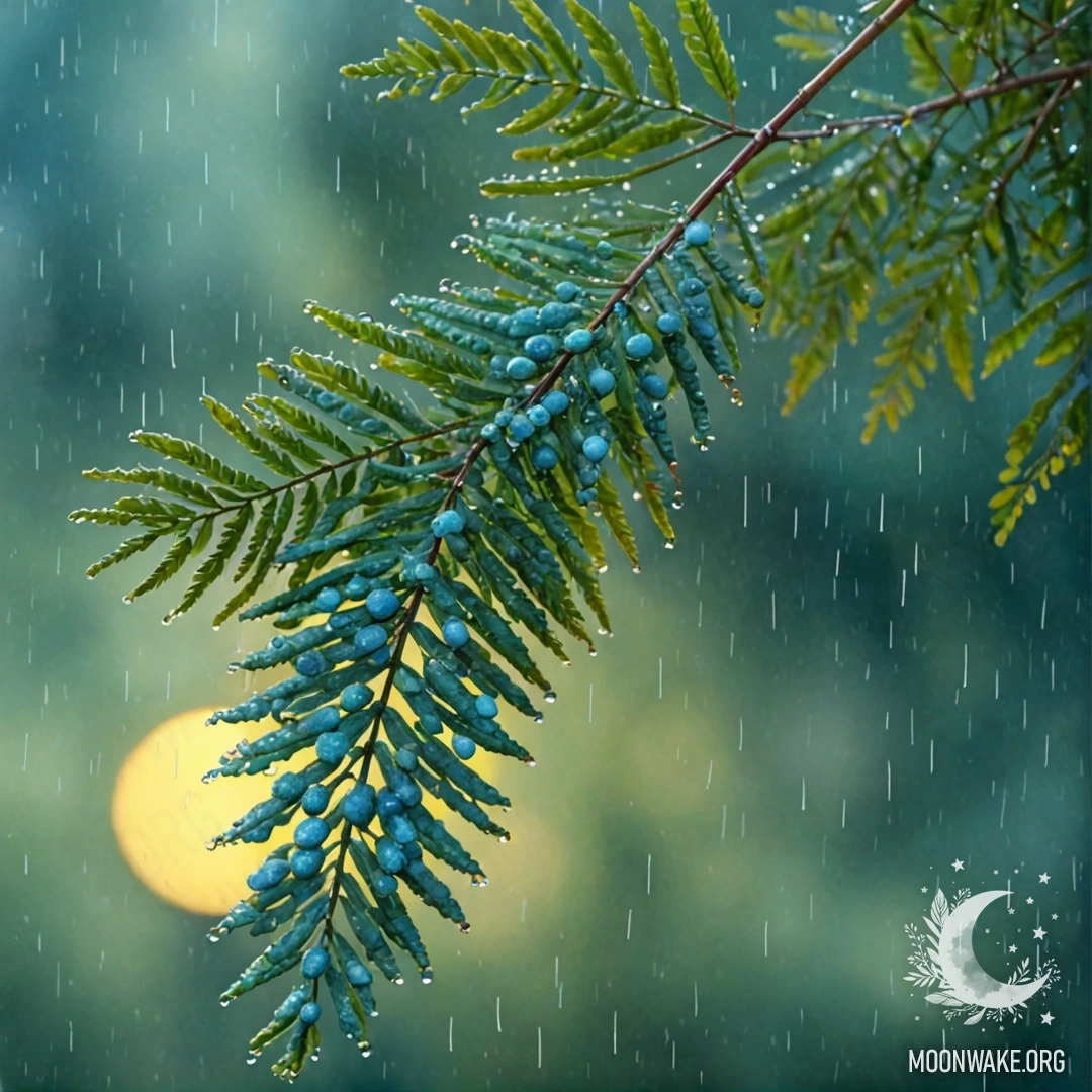 Акварельная картина с красивой мимозой в зелёно-голубых оттенках, изображённой под дождём на закате.