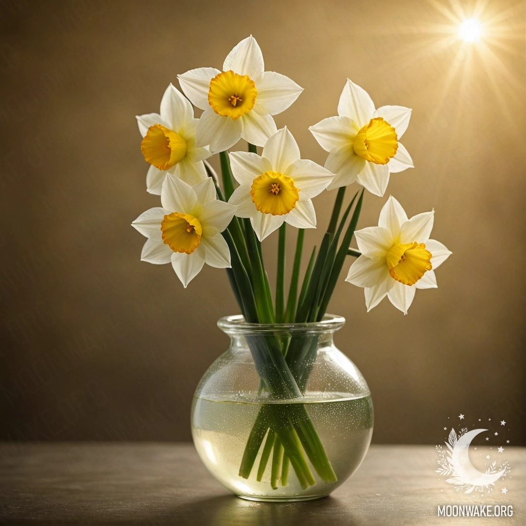 Нежный цветок нарцисса в вазе, окруженный туманом на закате.