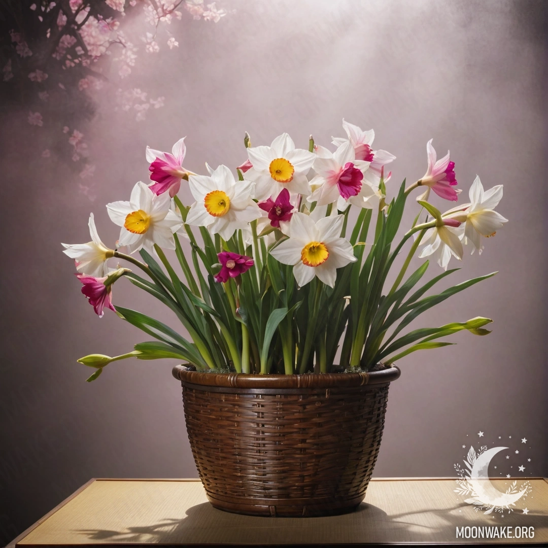 Нарцисс фуксиевого цвета, устроенный в корзине, окружённый туманом и озарённый солнечными лучами.