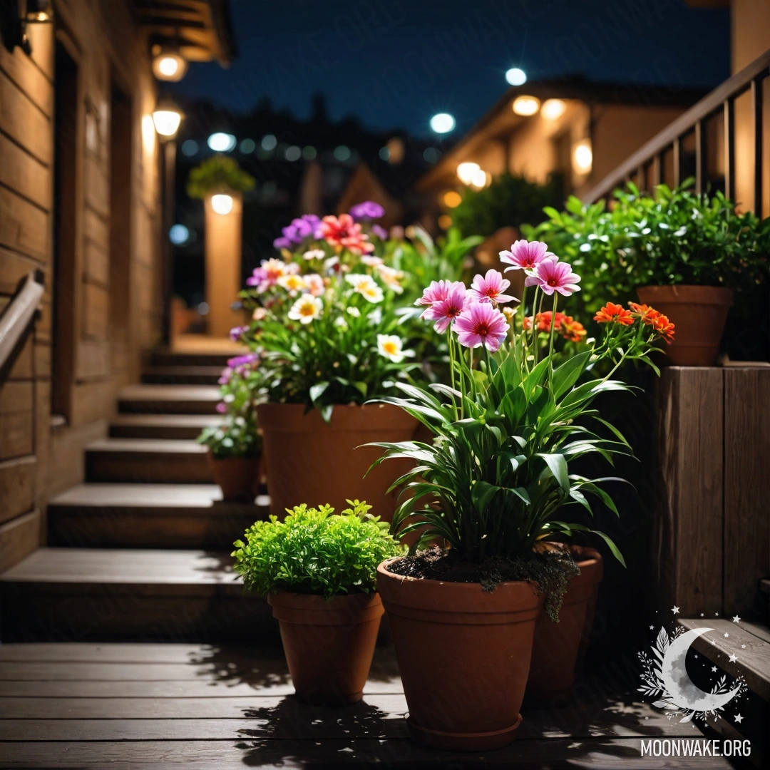 Деревянная лестница, украшенная цветочными горшками ночью.