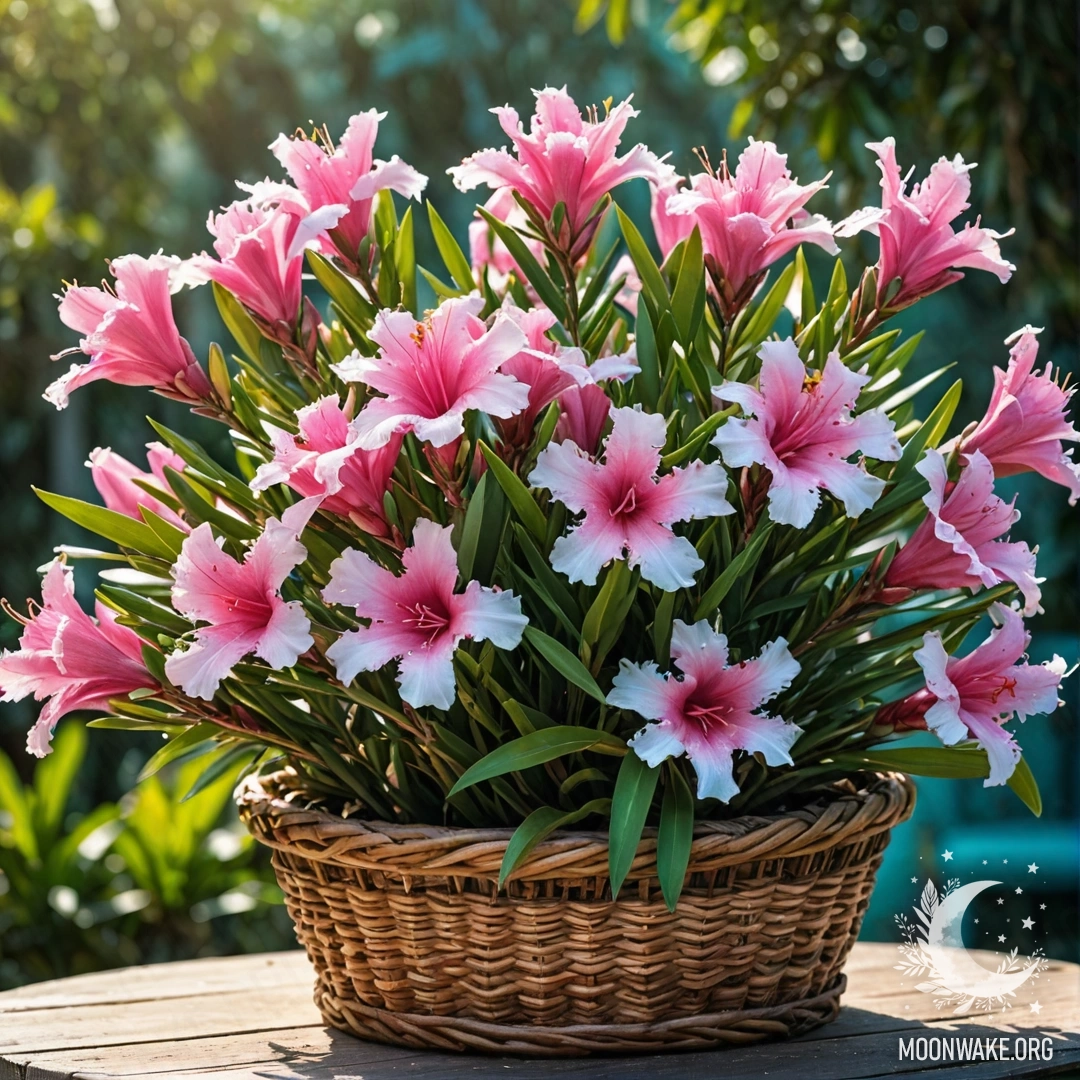 Красивые цветы олеандра, расположенные в аквамариновой корзине.