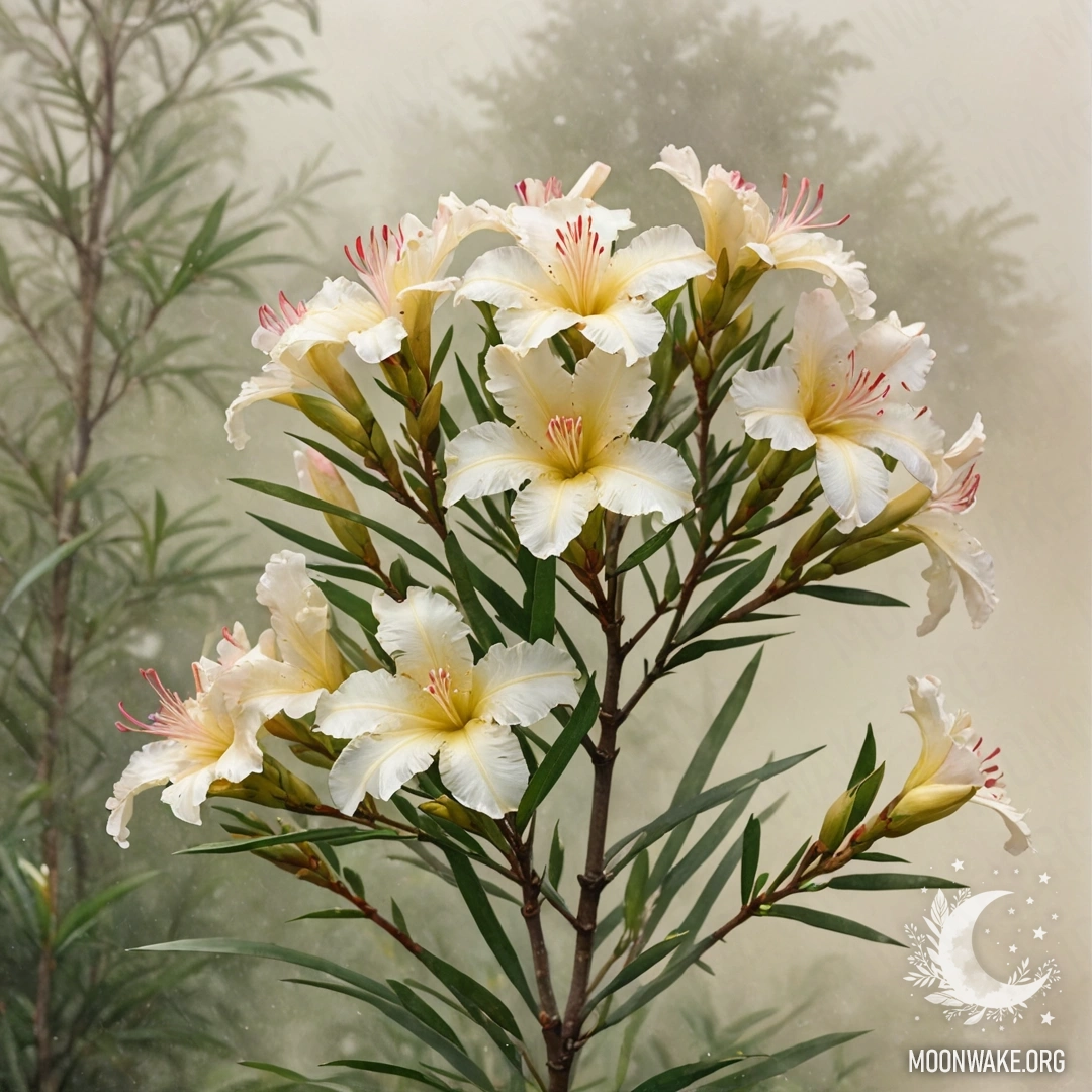 Красивые цветы олеандра кремово-желтого цвета, окруженные туманом.