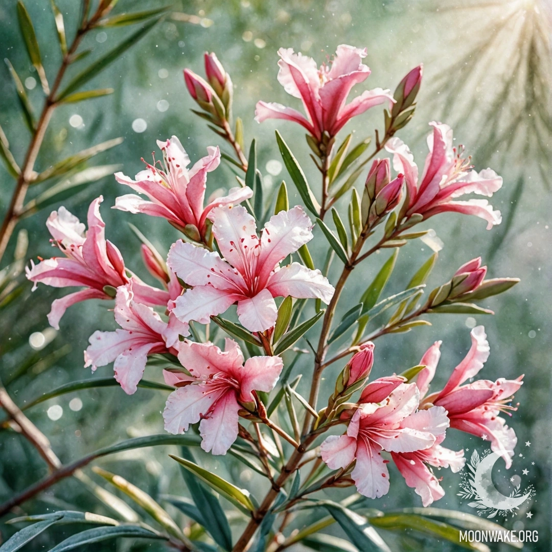 Нежный цветок олеандра, покрытый морозом, с солнечными искрами на нем.