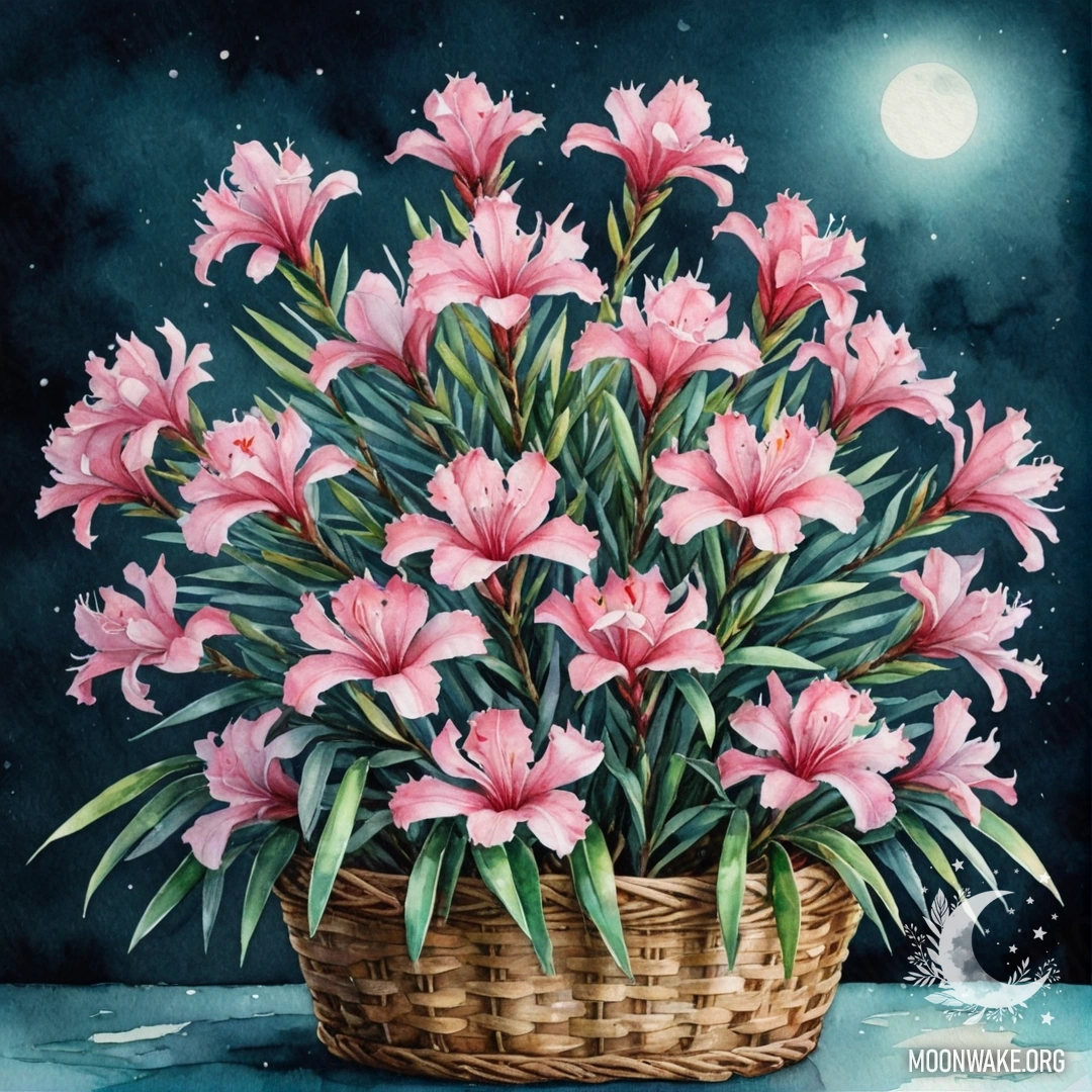 Корзина с цветами олеандра аквамаринового цвета, окруженная туманом в ночное время.